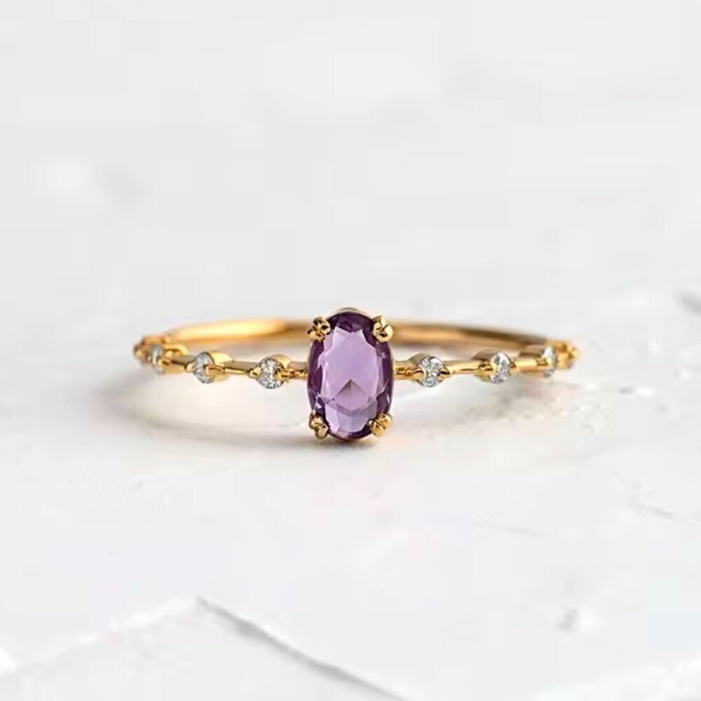 NEW Purple Stone Ring Sz 7 18K Gold Plated CZ Dainty Delicate Wedding Fairy